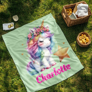 Couverture Polaire Licorne pailletée étoile magique vert citron