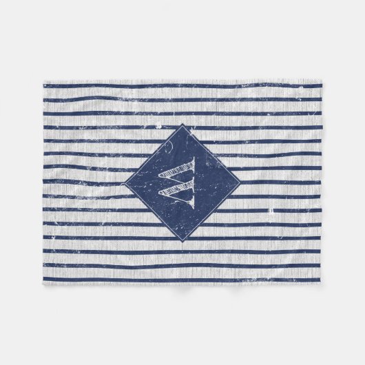 Couverture Polaire Lin gris rustique et rayures bleu marine Monogramm (Devant (Horizontal))
