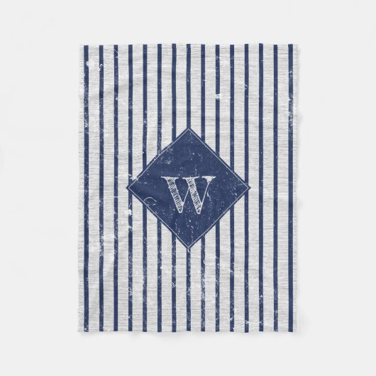 Couverture Polaire Lin gris rustique et rayures bleu marine Monogramm (Devant)