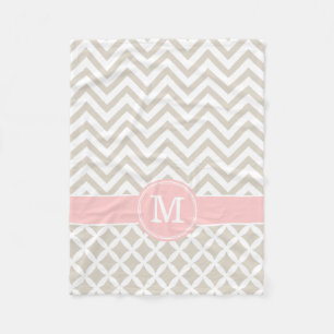 Couverture Polaire Linge Beige et rose Chevron Personnalisé Monogramm