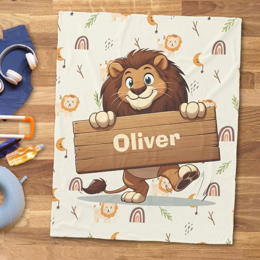 Couverture Polaire Lion joueur avec plaque de nom en bois