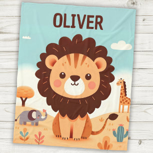 Couverture Polaire Lion mignon Kawaii dans la savane Personnalisé