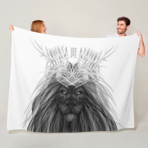 Couverture Polaire Lion noir avec couronne Antlers et monogramme