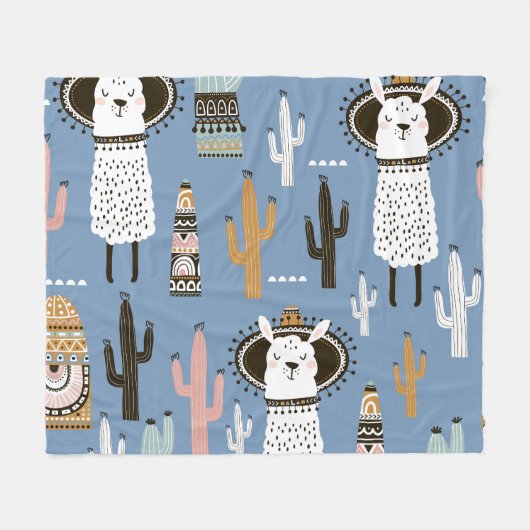 Couverture Polaire Llama, Cactus, Motif d'éléments à main. (Devant (Horizontal))