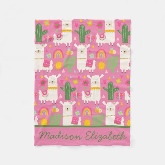 Couverture Polaire Llamas Green Cactus Cute Girly Rose Rainbows (Devant)