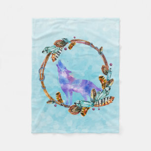 Couverture Polaire Loup aquarelle violet avec une couronne bohème