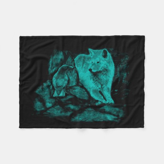 Couverture Polaire Loup et Raven pendant la nuit (Devant (Horizontal))