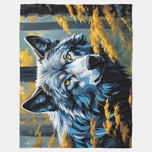 Couverture Polaire Loup gris en forêt dorée (Devant)