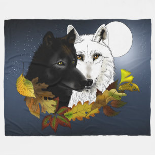 Couverture Polaire Loups Blancs Noirs Clair de Lune Feuilles d'Automn