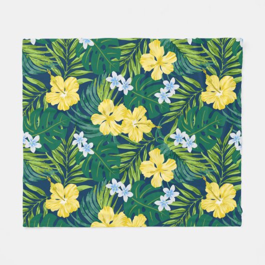 Couverture Polaire Luna Hibiscus Garden Hawaiian - Jaune et Marine (Devant (Horizontal))