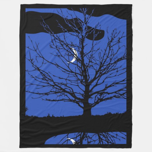 Couverture Polaire Lune avec arbre, Bleu Cobalt, Noir et Blanc (Devant)