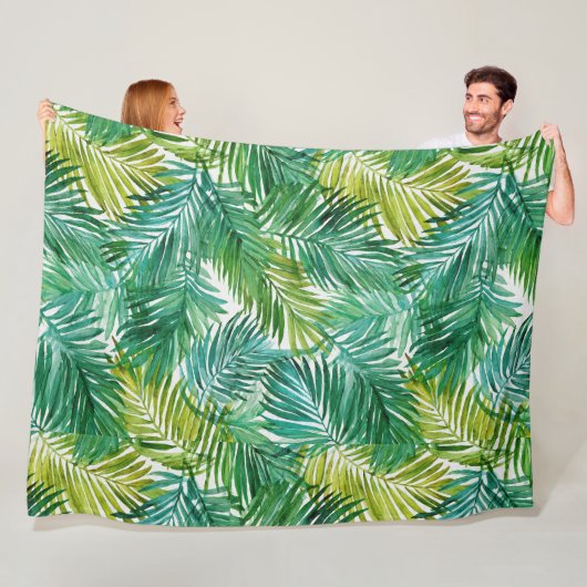 Couverture Polaire Lush Tropical Island Green Palm Leaf Watercolor (En situation)