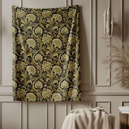 Couverture Polaire Lux Gold Black Baroque Damask Soft Thaillot Blanch