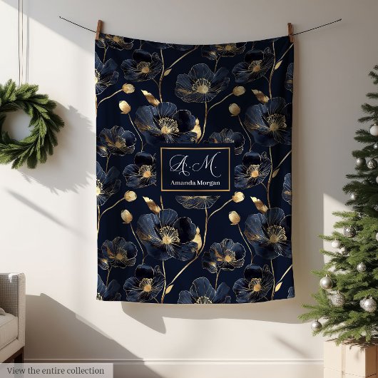 Couverture Polaire Lux Minimalist Navy Throw Gold Flowers Monogram