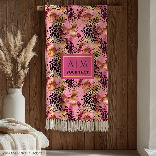 Couverture Polaire Lux pink watercolor leopard skin monogram blanket