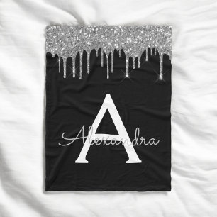 Couverture Polaire Luxueuse Glitter Glam Monogramme Nom Argent Noir