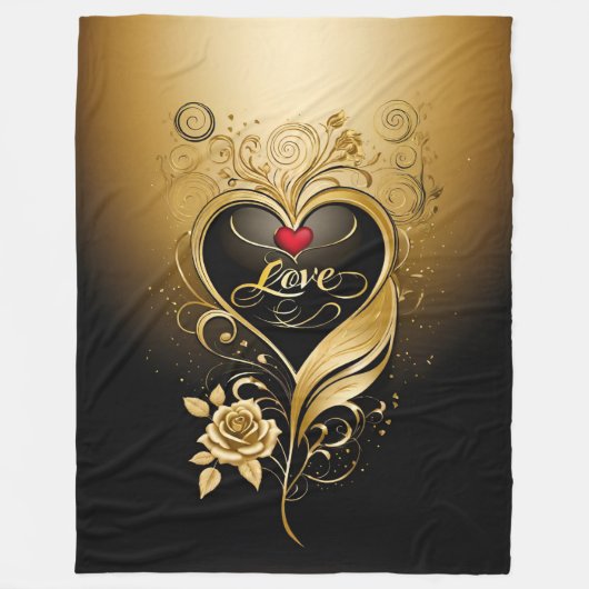 Couverture Polaire Luxueux coeur doré avec tourbillon floral complexe (Devant)