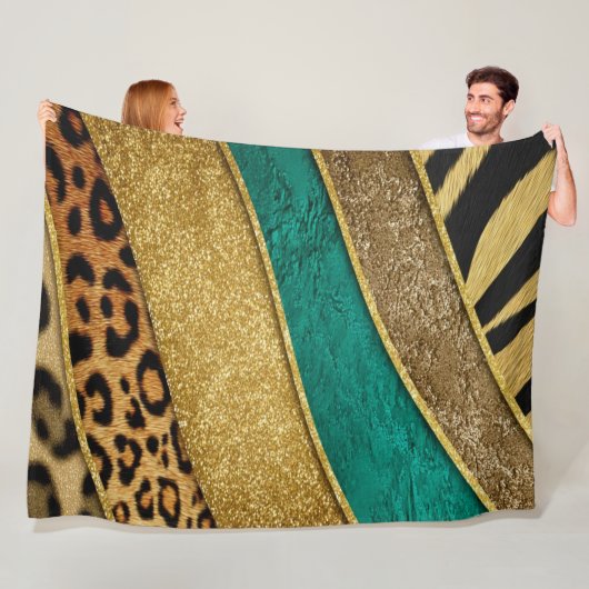 Couverture Polaire Luxury Emerald & Gold Safari Leopard Zebra Glitter (En situation)