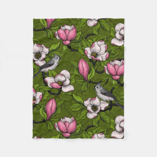 Couverture Polaire Magnolia en floraison et oiseau de tireur 2 (Devant)