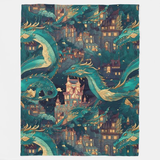 Couverture Polaire Majestic Turquoise Dragons et Village (Devant)