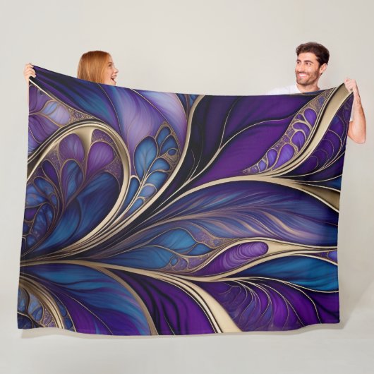 Couverture Polaire Majestueuse Floraison - Abstrait Violet et Bleu Pr (En situation)