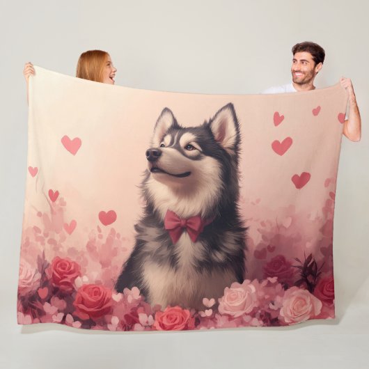 Couverture Polaire Malamute d'Alaska avec des roses - Saint-Valentin (En situation)