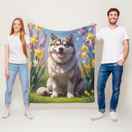 Couverture Polaire Malamute de chien de l'Alaska Fleurs de printemps  (En situation)