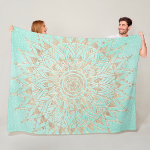 Couverture Polaire Mandala de menthe et d'or