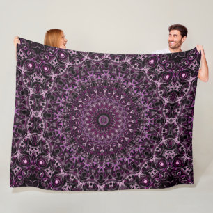 Couverture Polaire Mandala de rose rose et noire avec géométrie flora