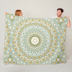 Couverture Polaire Mandala Terrien en Vert, Or et Bleu Clair