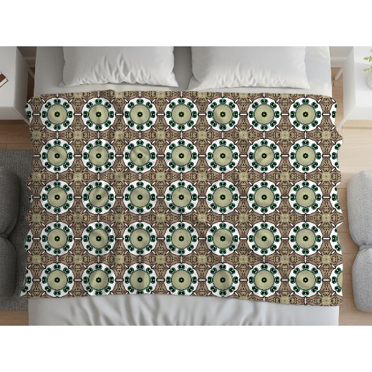 Couverture Polaire Mandala vert, blanc et marron