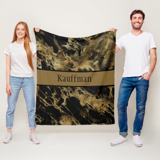 Couverture Polaire Marbre d'agate noir et or Monogramme Tendance Chic (En situation)