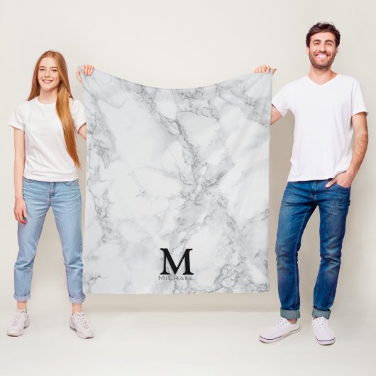 Couverture Polaire Marbre gris blanc monogramme (En situation)