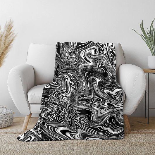 Couverture Polaire Marbre Liquide Abstrait Noir et Blanc