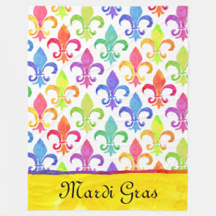Couverture Polaire Mardi Gras Arc-en-ciel Aquarelle Fleur de lis Moti