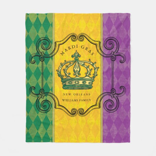 Couverture Polaire Mardi Gras Crown Purple Gold Green Nom de famille (Devant)