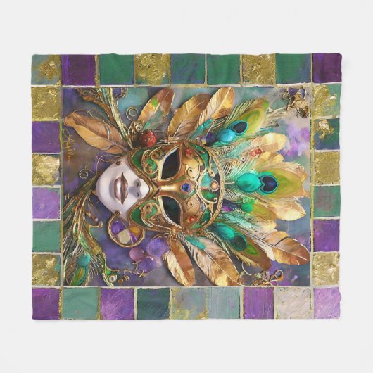 Couverture Polaire Mardi Gras Gold et vert Peacock Feature Masque (Devant (Horizontal))