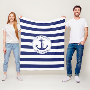 Couverture Polaire Mariage Ancre nautique Bleu bande Monogramme