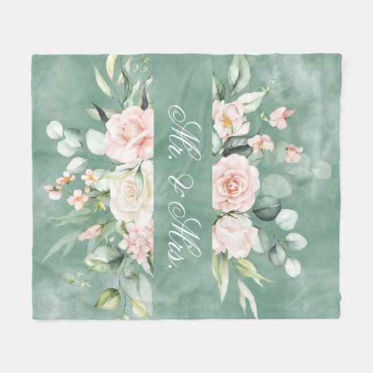 Couverture Polaire Mariage Élégant Floral Aquarelle Verte M. & Mme. (Devant (Horizontal))