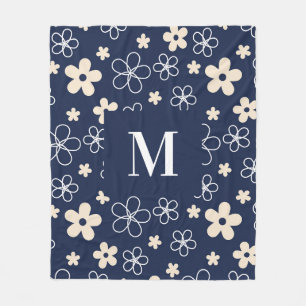 Couverture Polaire Marine bleu crème fleur motif rétro