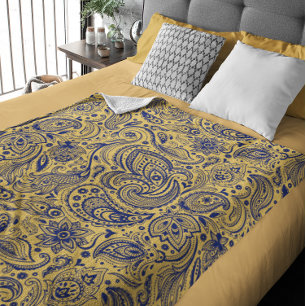Couverture Polaire Marine Bleu Et Jaune Vintage Floral Paisley