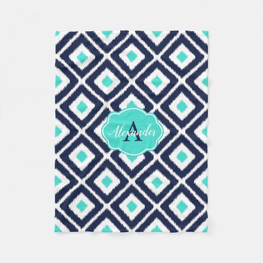 Couverture Polaire Marine Bleue, Turquoise, Diamant Blanc Ikat (Devant)