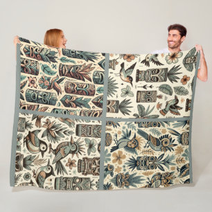 Couverture Polaire Masques Tiki tropicaux vintages et oiseaux gris ve