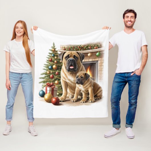 Couverture Polaire Mastiff Dogue de Bordeaux cheminée Noël (En situation)