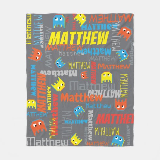 Couverture Polaire Matthieu nom personnalisé pixel jeu graphique gris (Devant)