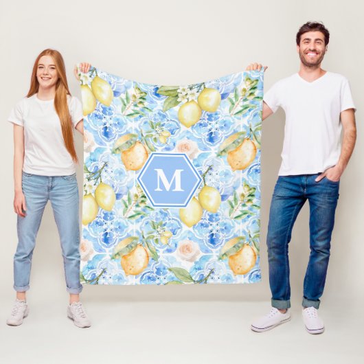 Couverture Polaire Mediterranean Blue Tile Limoncello Monogram Name (En situation)
