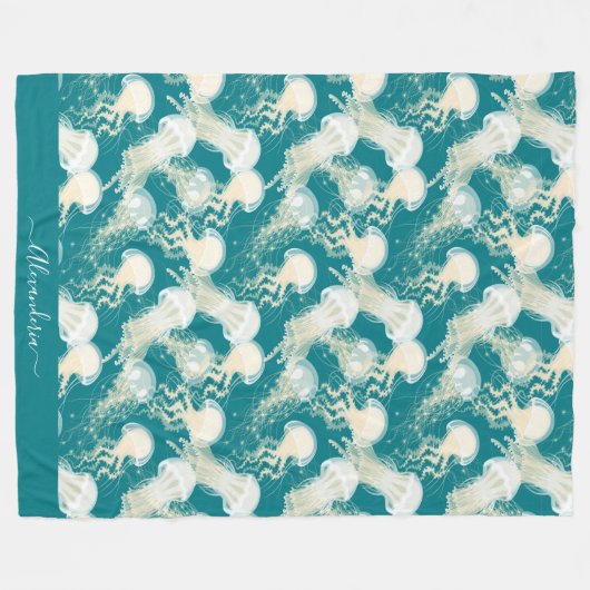 Couverture Polaire Méduse En Bleu Océan Été Saison Monogramme (Devant (Horizontal))