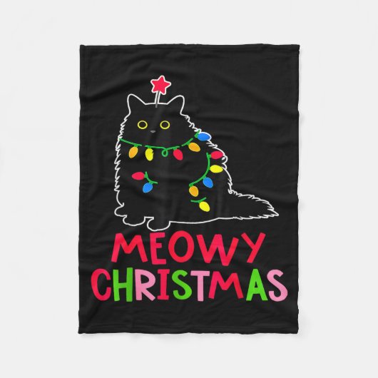 Couverture Polaire Meowy Christmas Xmas Lights Black Cat Pajamas Fami (Devant)