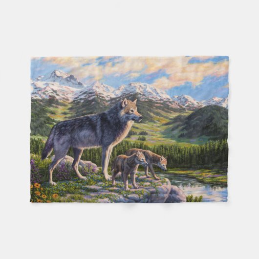 Couverture Polaire Mère Wolf & Pups Mountain River Valley (Devant (Horizontal))