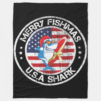 Couverture Polaire Merry Fishmas USA Drapeau Grand requin blanc